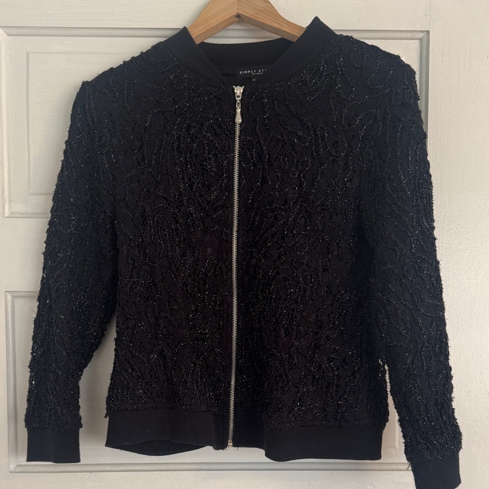 Simply Styled Black Textured Zip Cardigan Dressy Sparkly Bomber Jacket - S